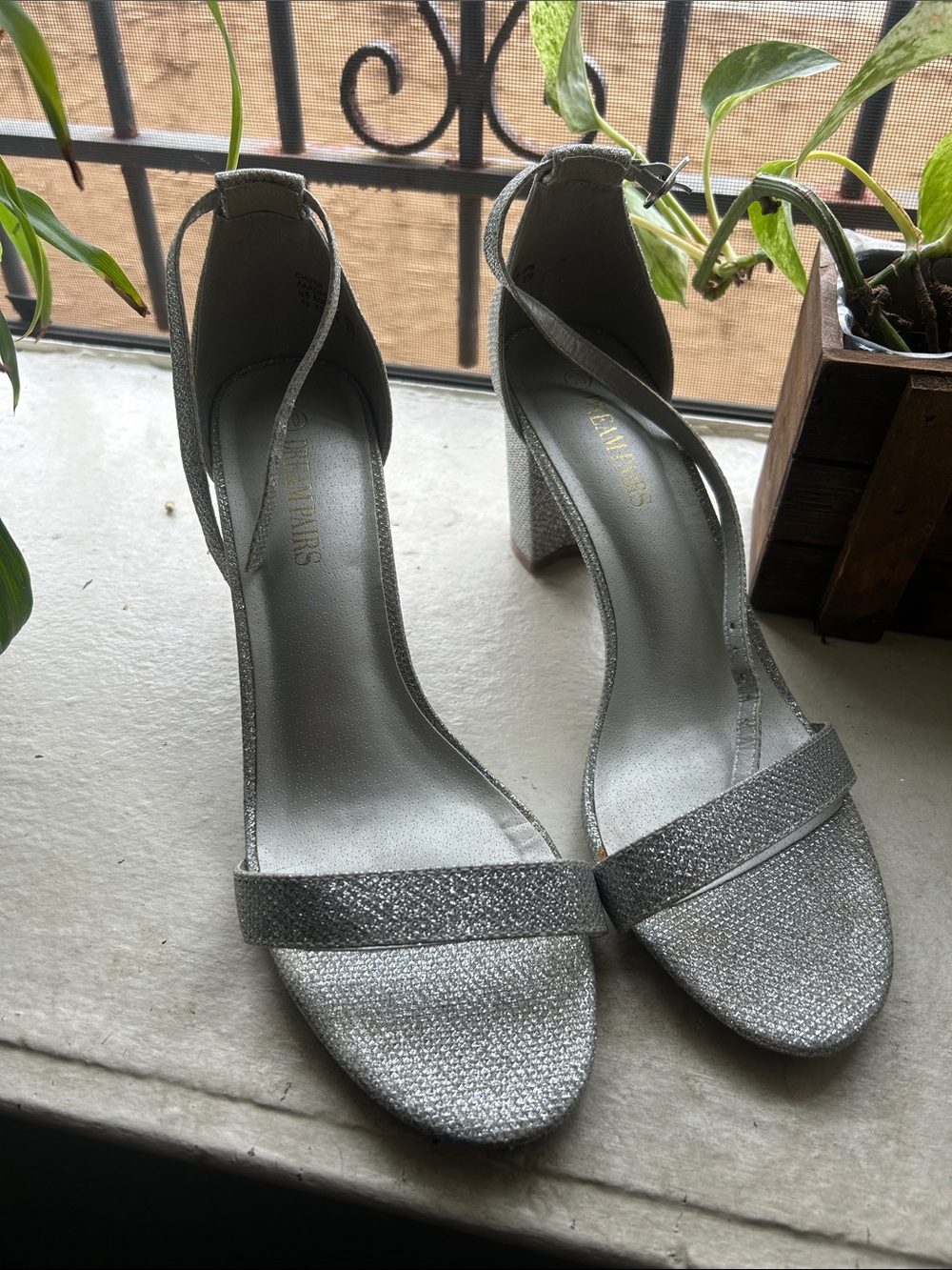 Silver Block Heel Sandals with Ankle Strap